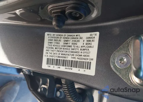 2016 Honda Civic Ex-T z USA, uszkodzony, nr VIN 2HGFC1F38GH636617